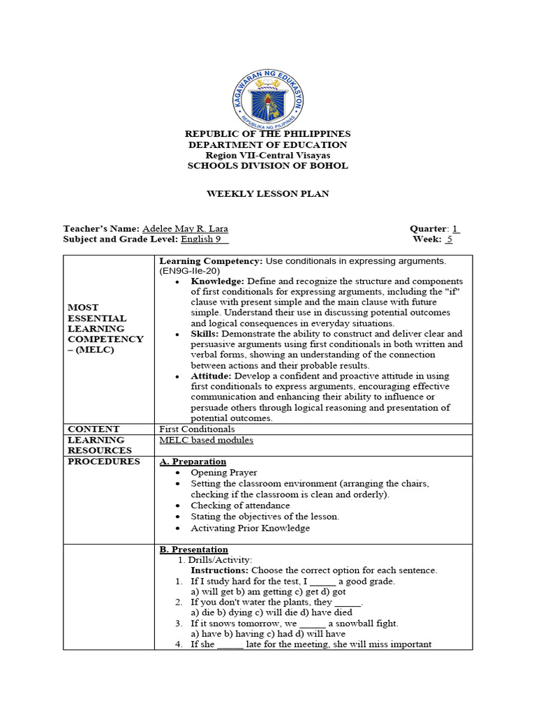 English 9 Weekly Lesson Plan: First Conditionals | PDF | Learning ...