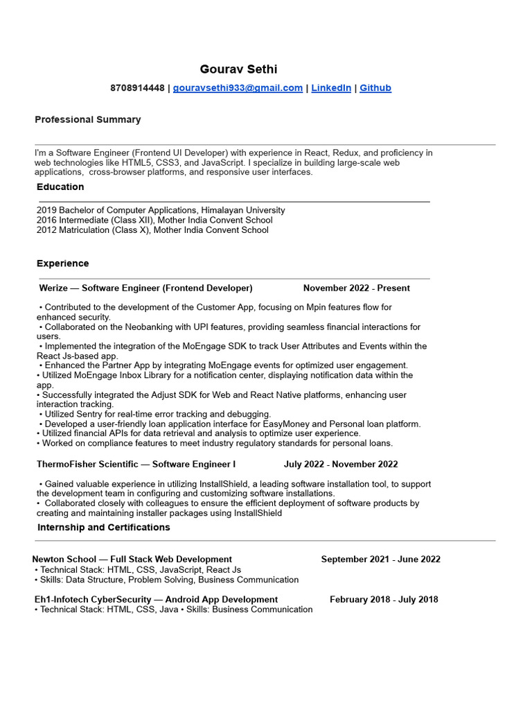 Frontend Developer Resume - Gourav Sethi | PDF | Application Software ...