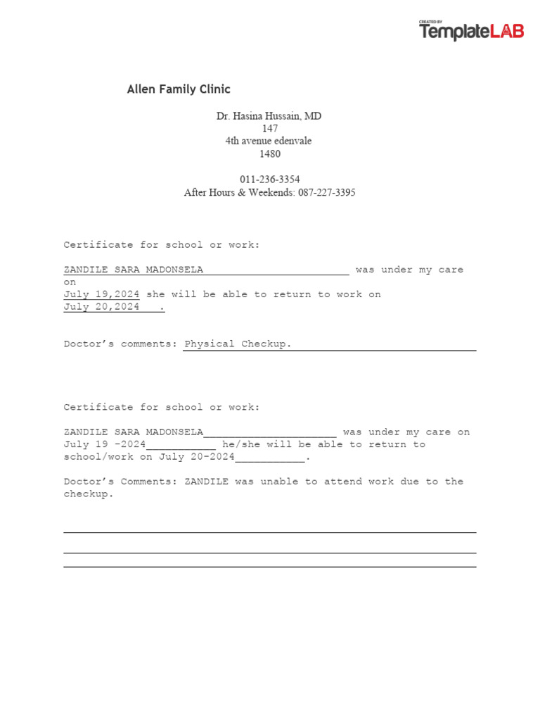 Medical Certificate for Zandile Madonsela | PDF