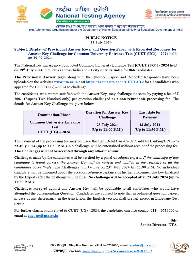 Public Notice Regarding Answer Key Challenge For Cuet Ug 2024 Held On ...