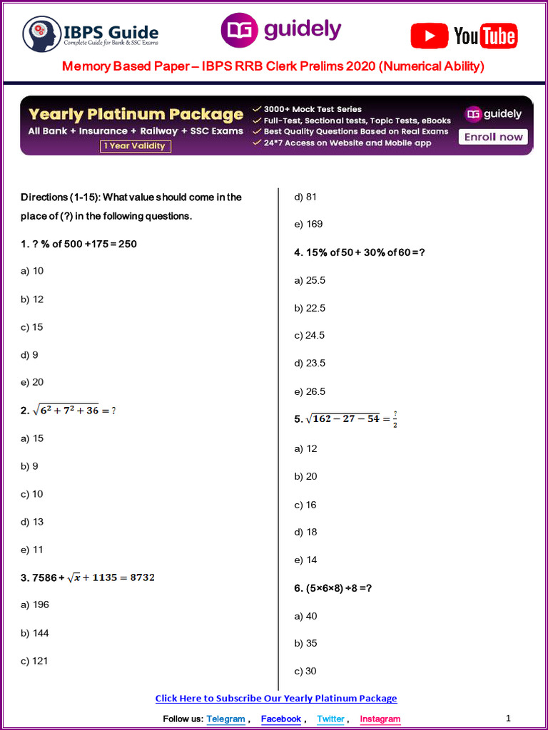 Memory Based Paper - IBPS RRB Clerk Prelims 2020 (Numerical Ability ...