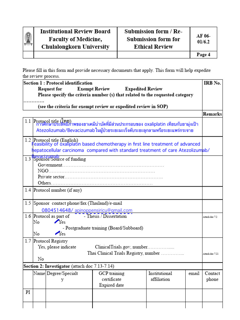 Chulalongkorn University IRB Submission Form | PDF | Institutional ...