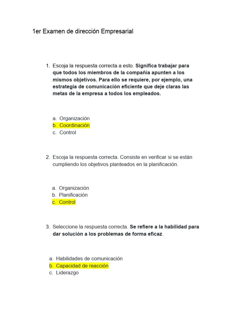 Examen de Dirección Empresarial: Preguntas Clave | PDF | Crecimiento ...