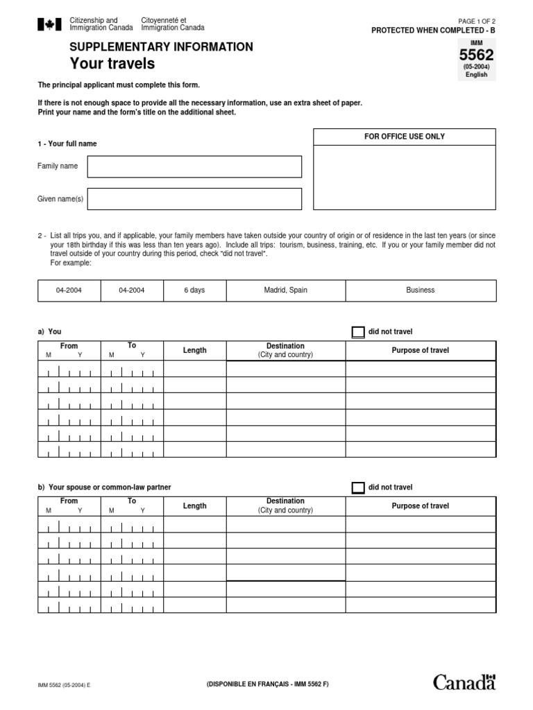 IMM 5562: Travel Supplement Form | PDF | Human Migration | Immigration