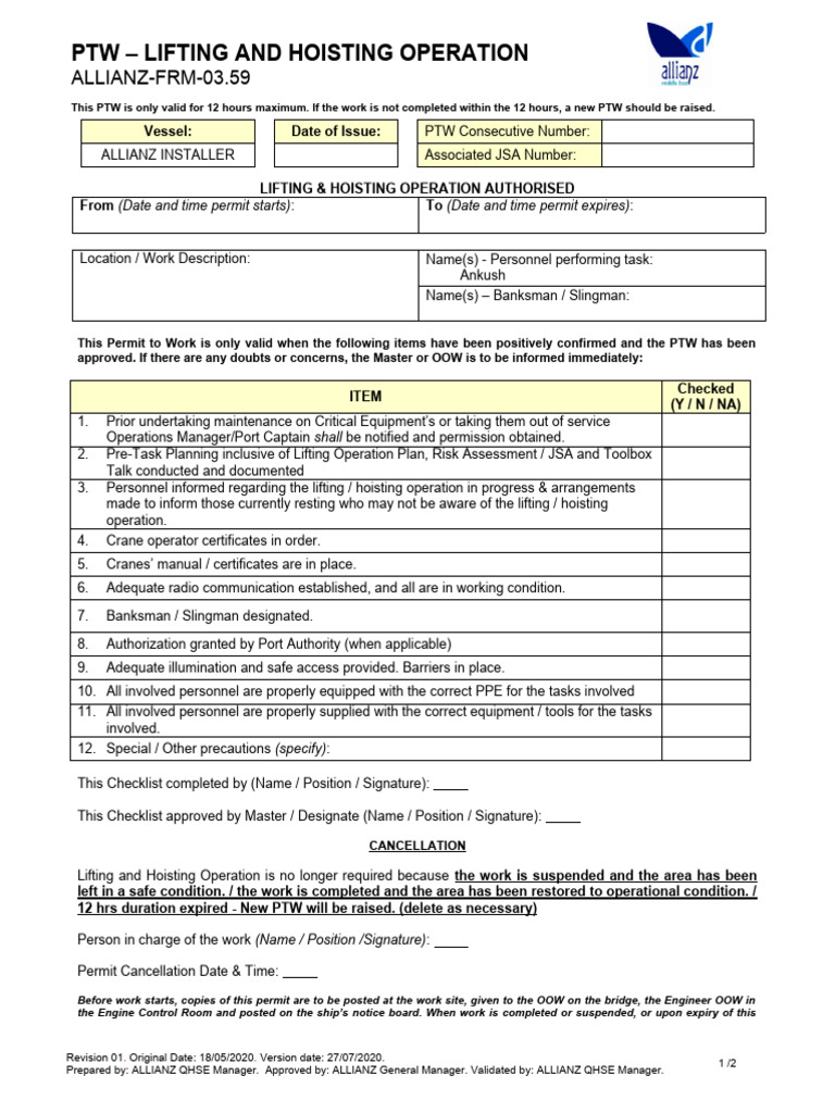 Allianz Lifting Operation Permit Form | PDF