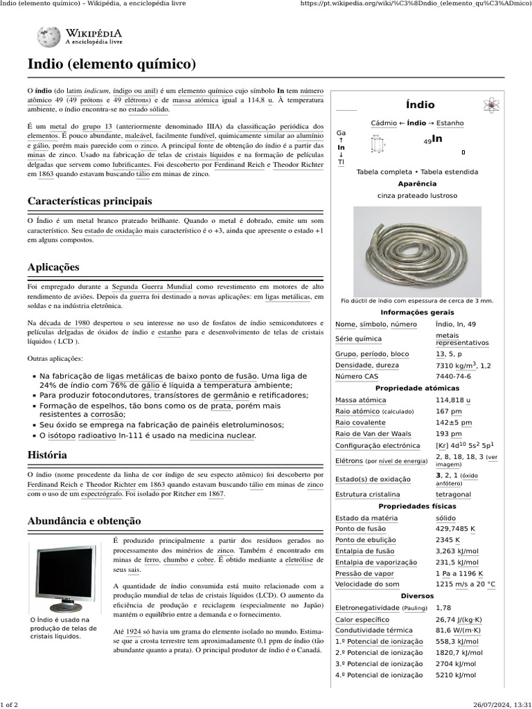 Índio (Elemento Químico) - Enciclopédia Livre | PDF | Elementos ...