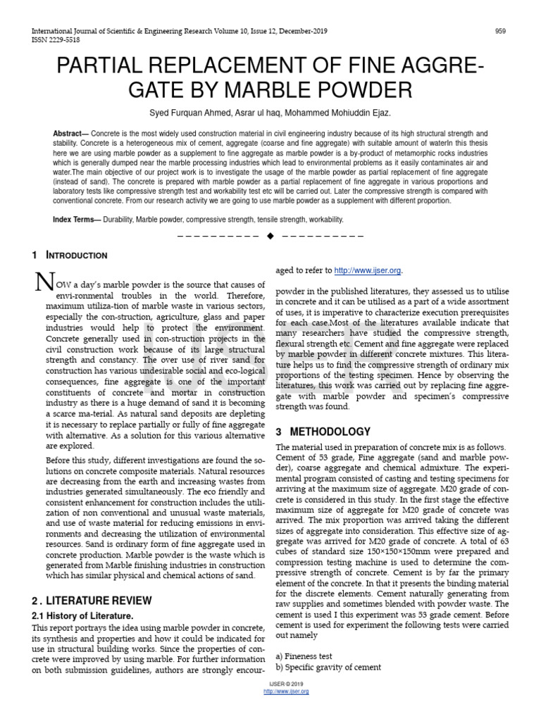 Partial Replacement of Fine Aggregate by Marble Powder | PDF | Concrete ...