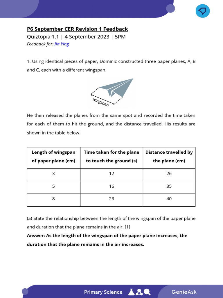 Jia Ying P6-AL September CER Revision 1 - 4 - 9 Feedback | PDF | Ice | Heat