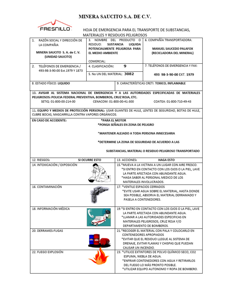 PEMEX - Hoja De Emergencia Para Transporte De Material Y Riduos