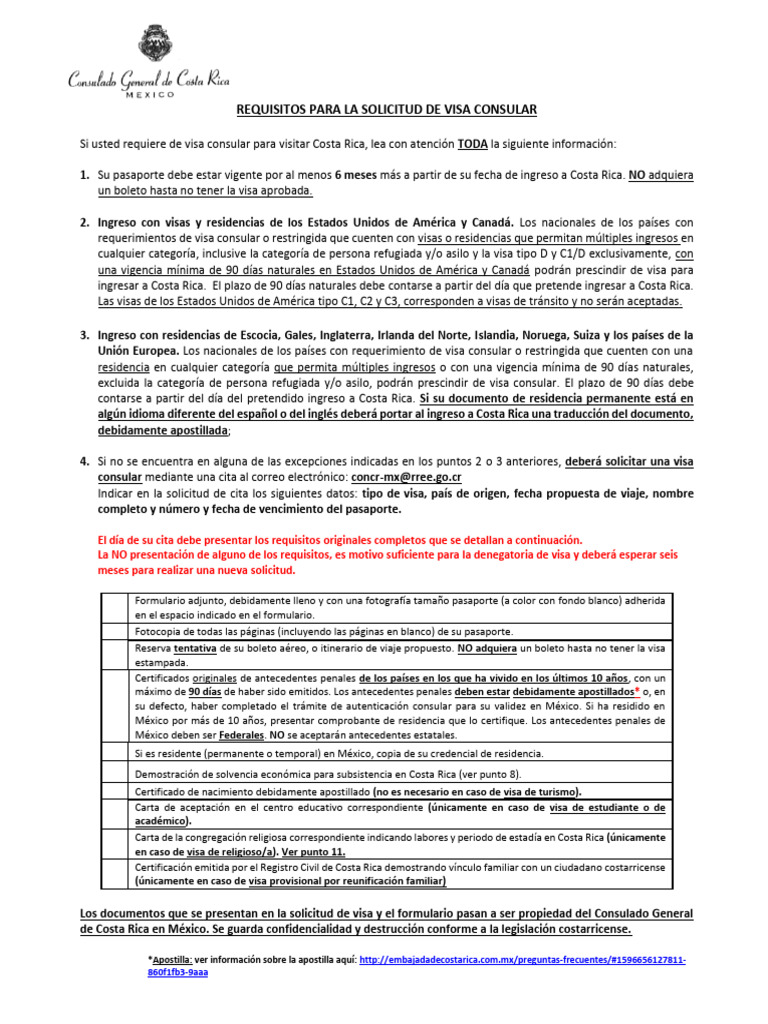 COSTA RICA Requisitos Visa Consular | PDF | Visa de viaje ...