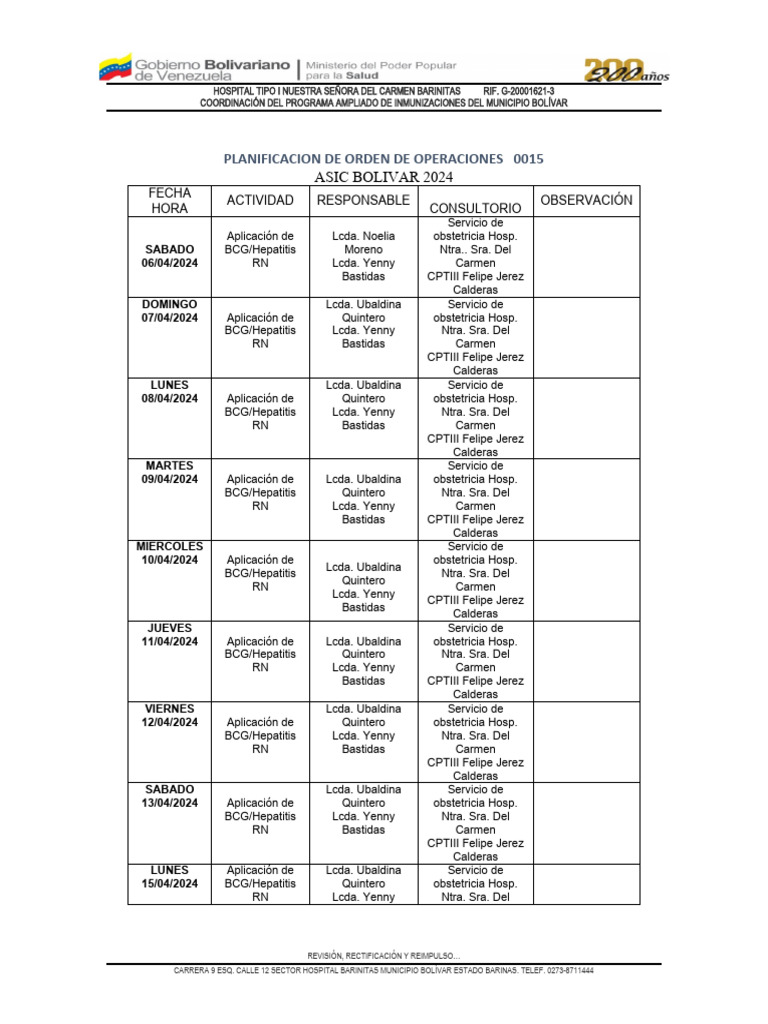 Planificacion Rden de Oprecaciones 0015 Asic Bolivar | PDF | Medicina ...