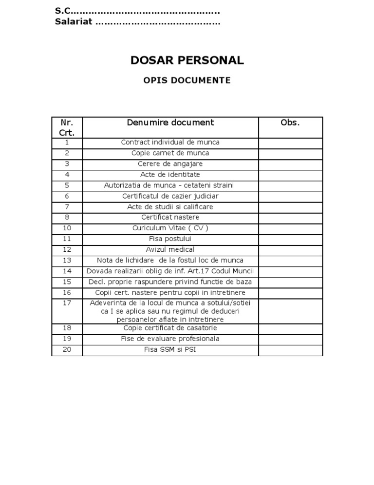 Dosar Personal-opis Documente