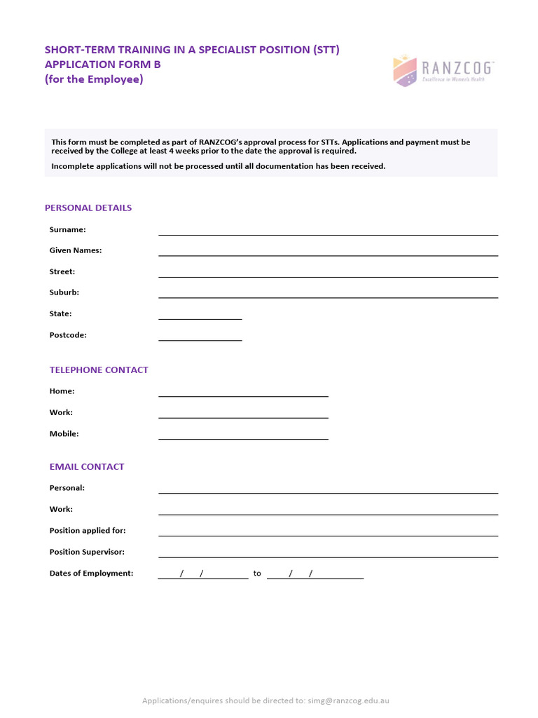 RANZCOG STT Application Form B | PDF | Career & Growth | Business