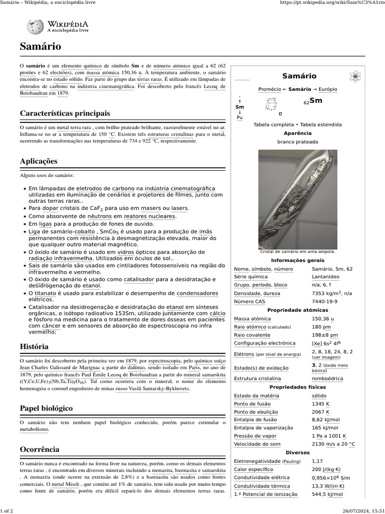 Samário: Propriedades e Aplicações | PDF | Química | Ciências Físicas