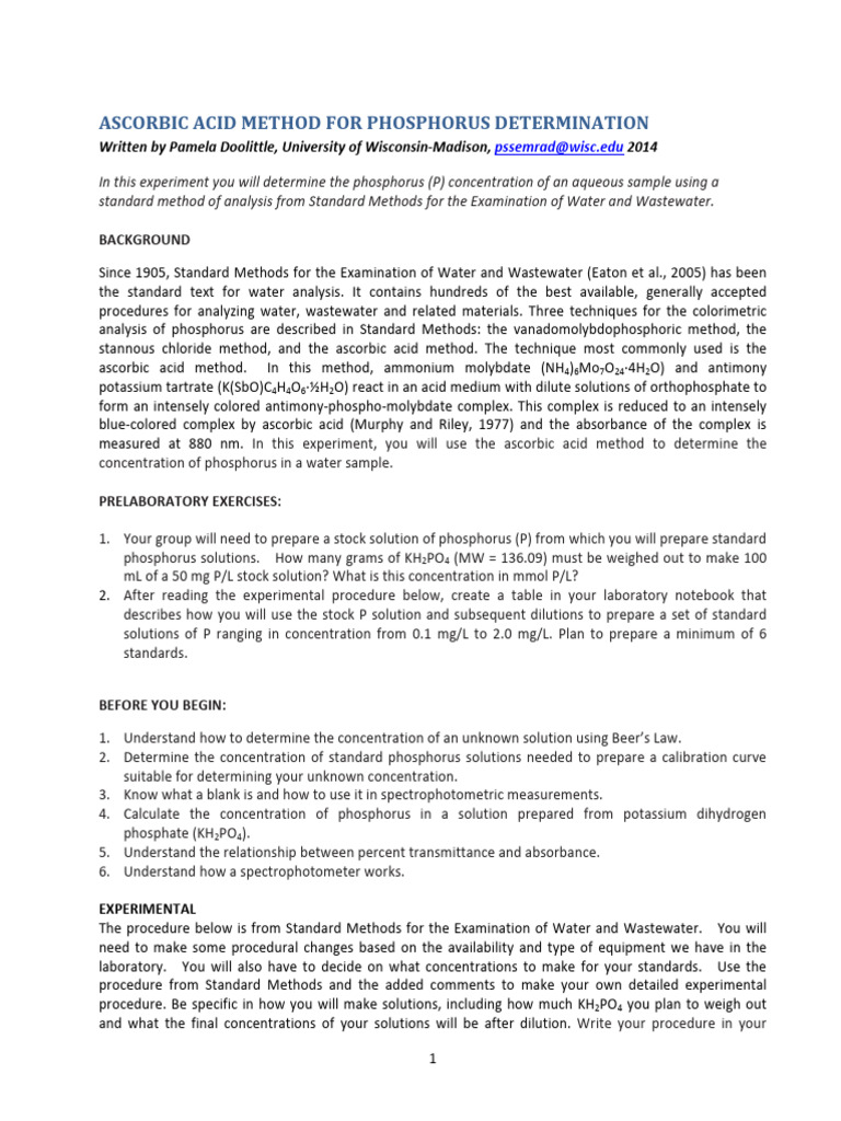 Ascorbic Acid Method for Phosphorus | PDF | Spectrophotometry | Chemistry