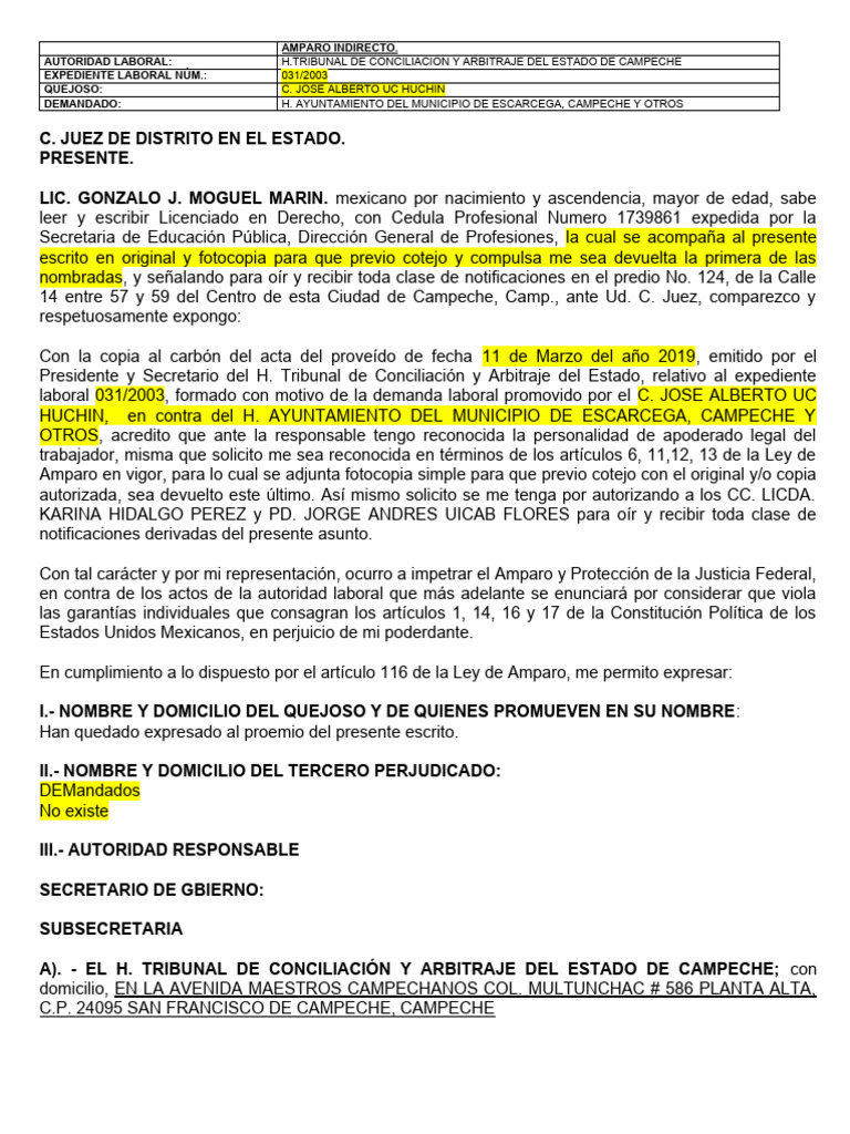 Amparo Indirecto Laboral en Campeche | PDF | Caso de ley | Ley procesal