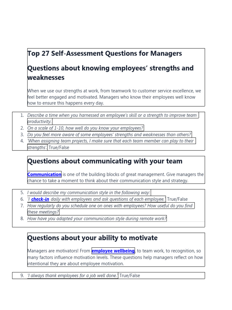 Top 27 Self Questions For Managers | PDF | Performance Appraisal ...