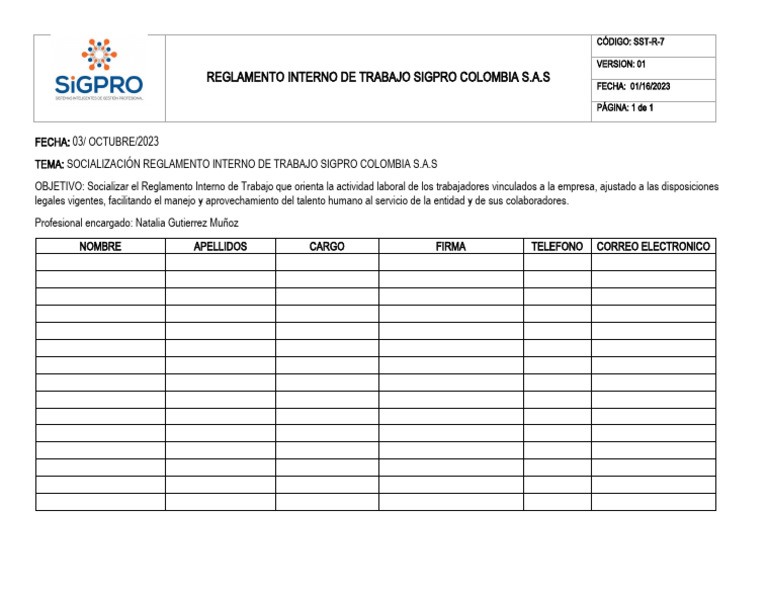 SST-R-07 Fomato Socialización Reglamento Interno de Trabajo | PDF ...