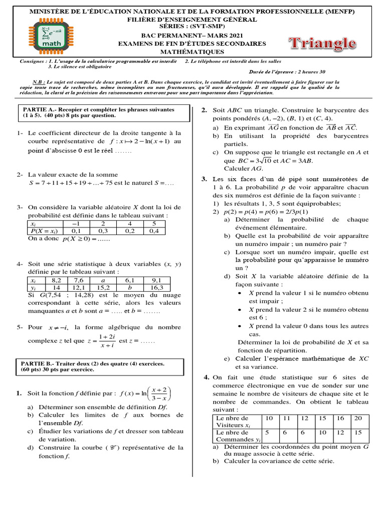 Épreuve de Mathématiques SVT 2021 | PDF | Probabilité | Théorie des ...