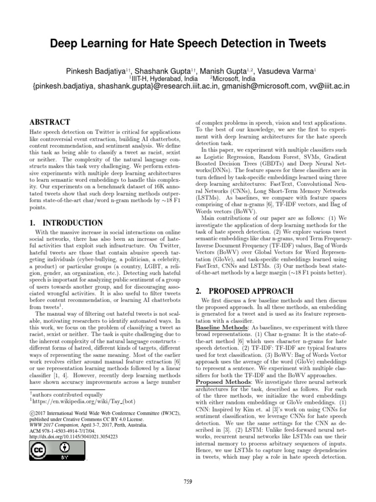 Deep Learning for Tweet Hate Speech Detection | PDF | Deep Learning ...