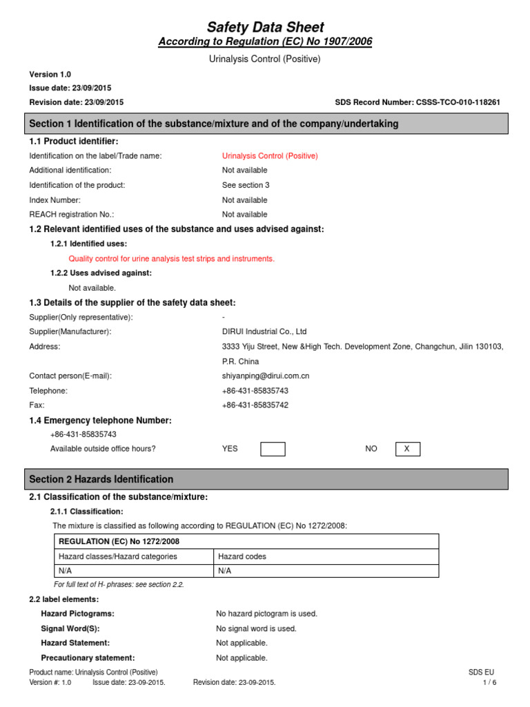 Urinalysis Control Positive SDS Document | PDF | Personal Protective ...