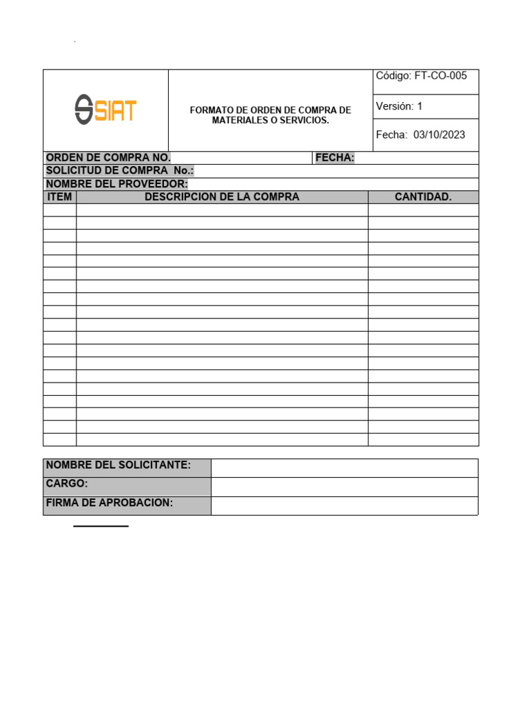 Ft-Co-005 Formato de Orden de Compra | PDF