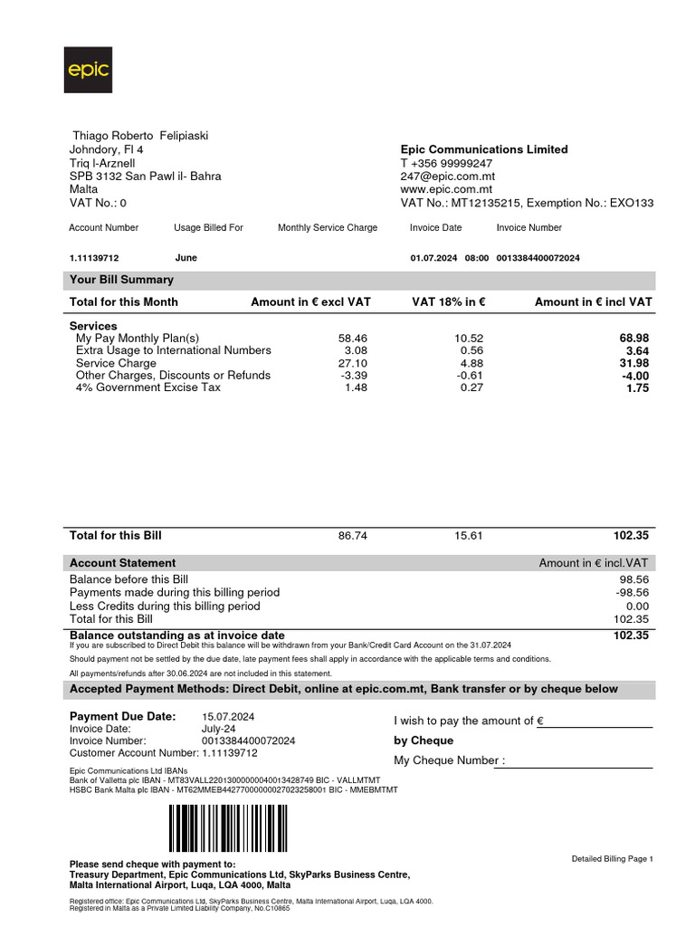 Show EBill PDF Payments Value Added Tax