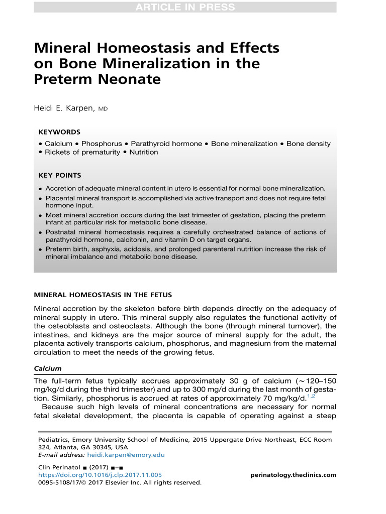 Mineral Homeostasis and Effects On Bone Mineralization in The Preterm ...