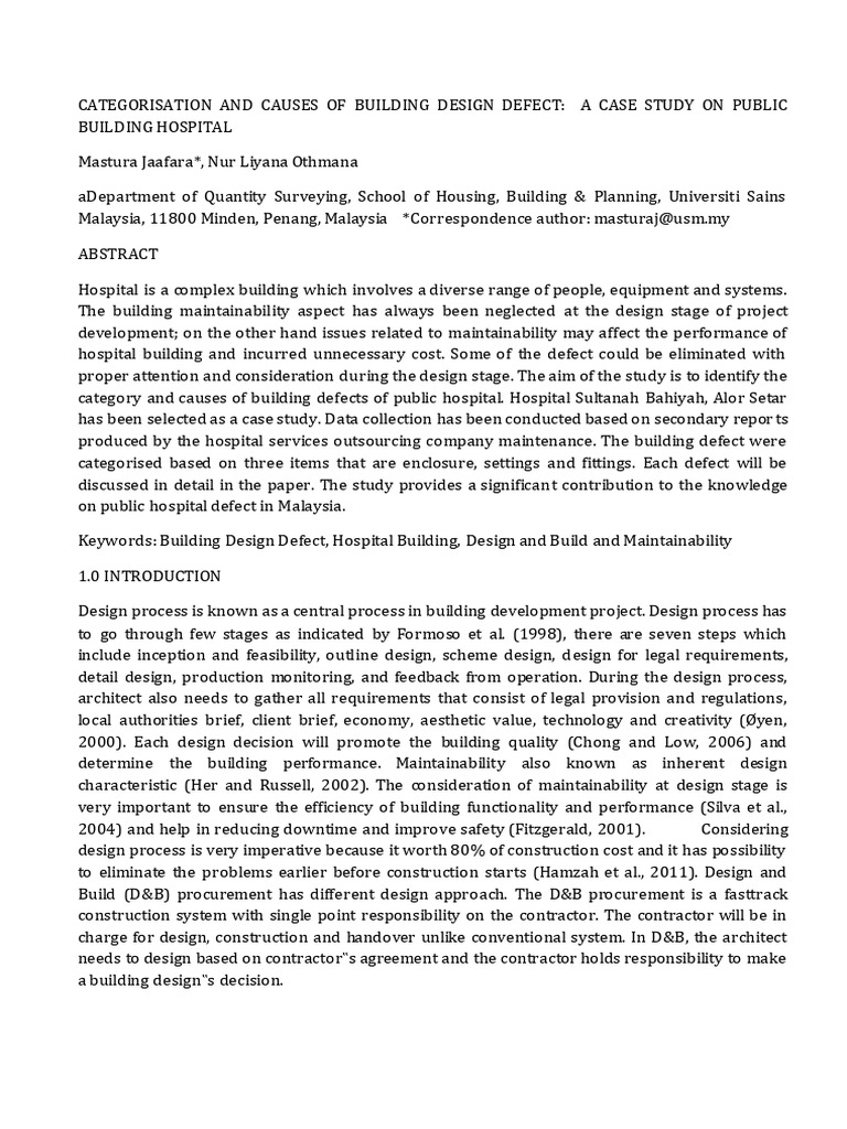 Categorisation and causes of building of building design defecta study