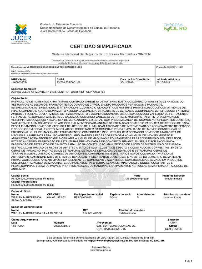 Certidão Simplificada da MARQUES LTDA | PDF | Economias | Business