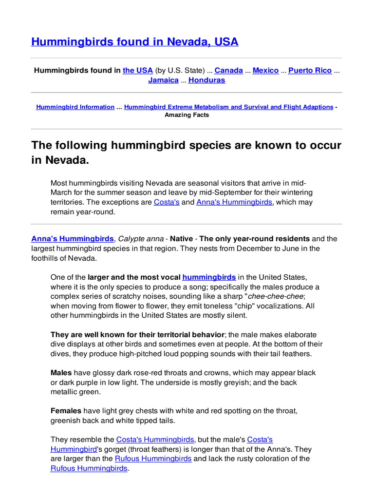 Hummingbirds Found in Nevada USA | PDF | Dinosaurs Of North America ...