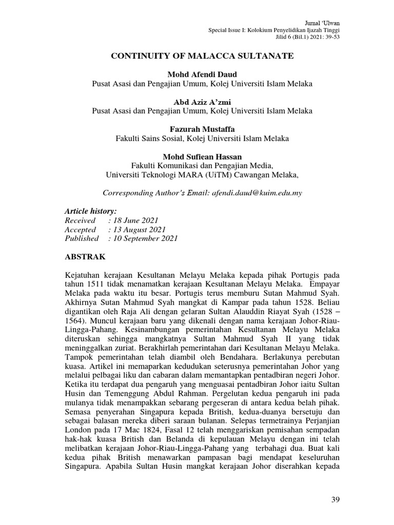 Continuity of the Malacca Sultanate | PDF | Malaysia