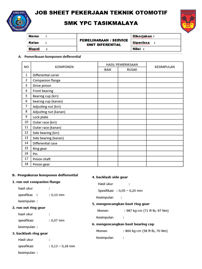 Job Sheet Defferential | PDF