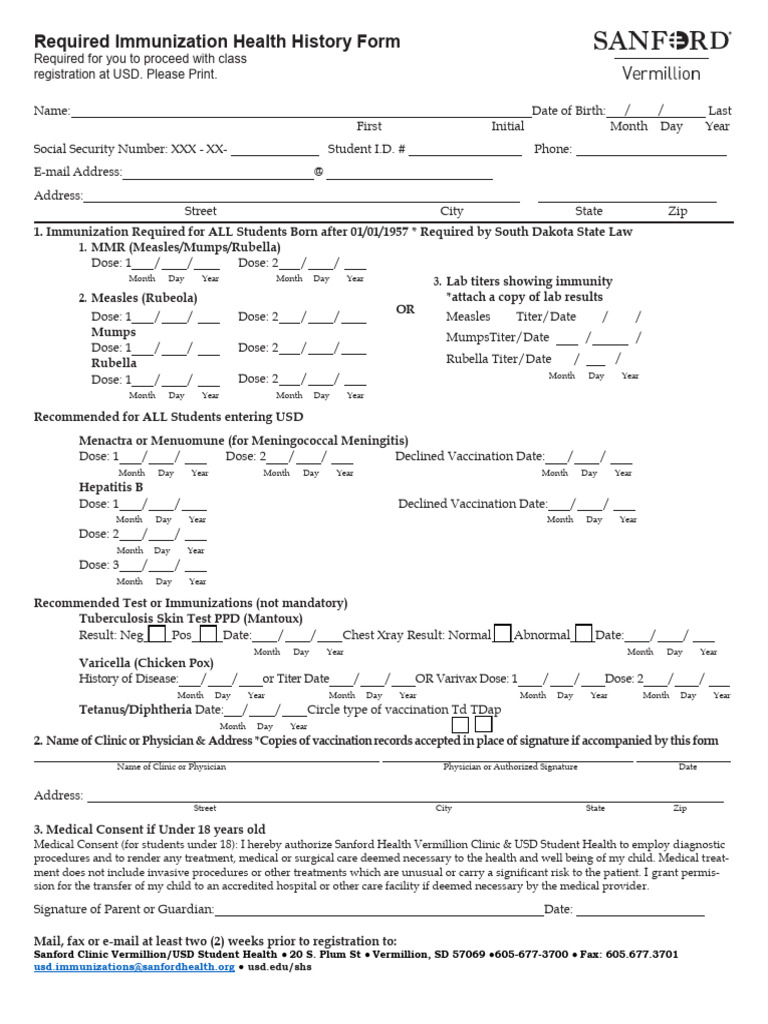 USD Immunization Health History Form | PDF | Immunology | Vaccination
