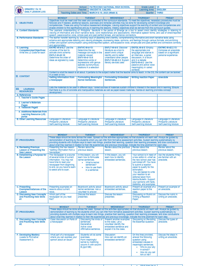 Daily Lesson Log English 7 THIRD QUARTER Week 4 | PDF | Learning ...