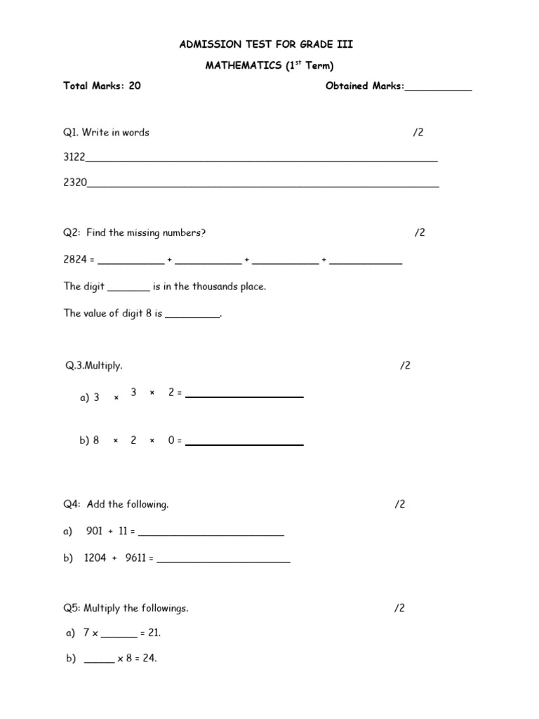 Grade III Math Admission Test | PDF