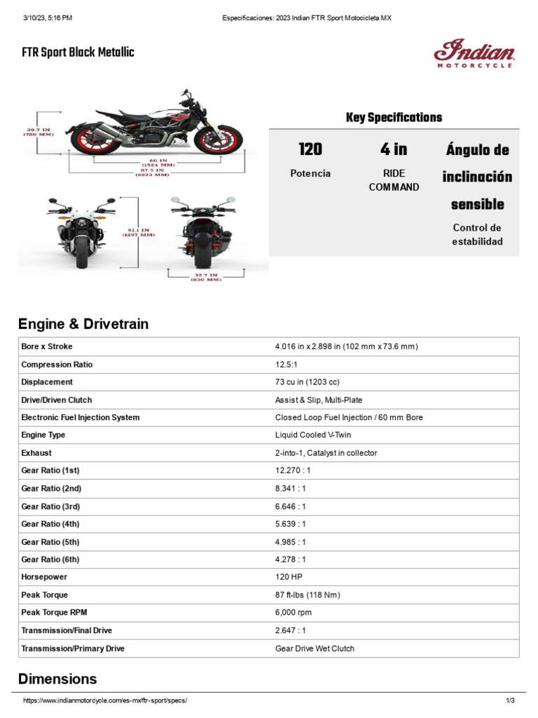 Especificaciones 2023 Indian Ftr Sport Motocicleta Mx Pdf Gear