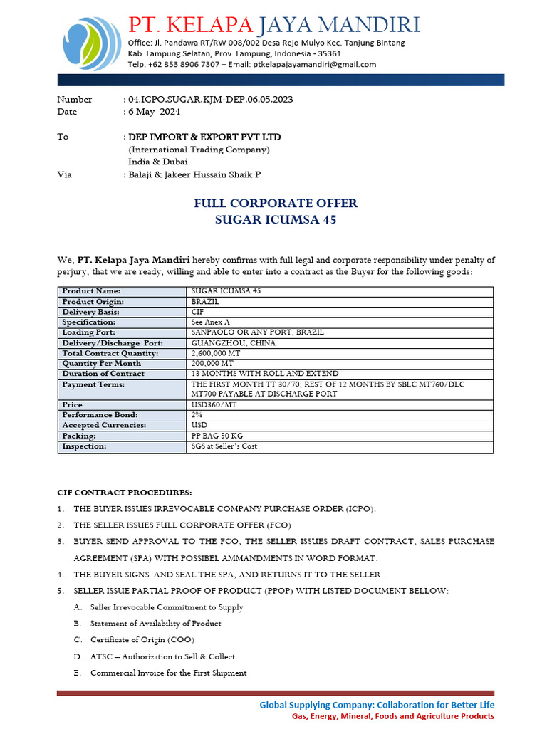 Sugar ICUMSA 45 Offer to DEP Import | PDF | Business