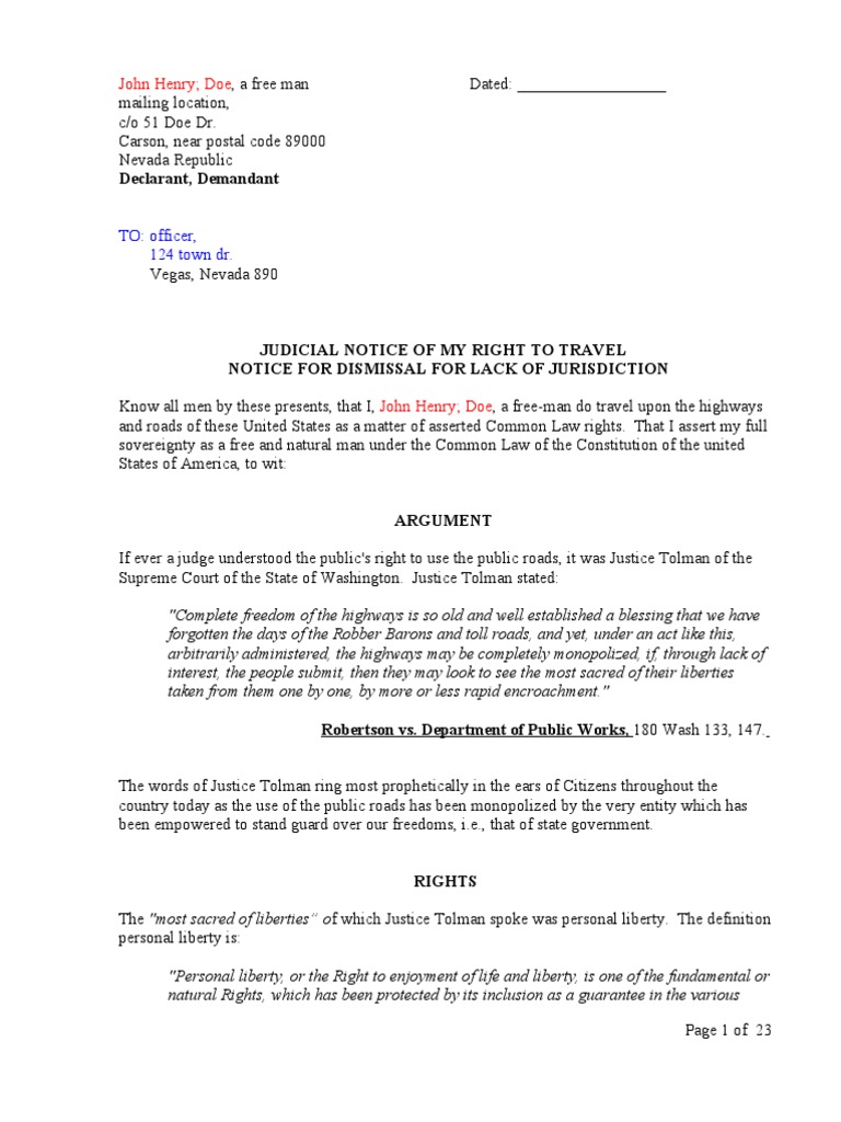 Judicial Notice of My Right to Travel Exhibit Due Process Clause