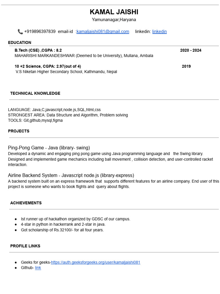 Kamal Jaishi: B.Tech CSE Student Profile | PDF | Computers