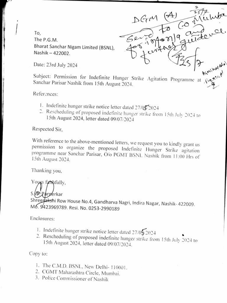 BSNL Indefinite Hunger Strike Notice | PDF | Internet Access ...