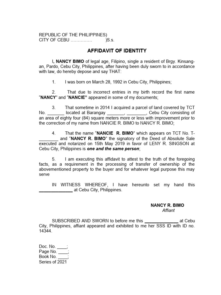 Affidavit of Identity Sample | PDF | Politics | Law