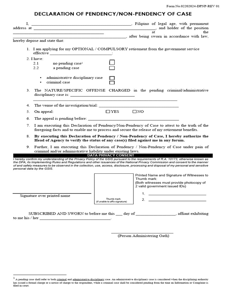 GSIS Declaration of Pendency Form | PDF | Affidavit | Justice