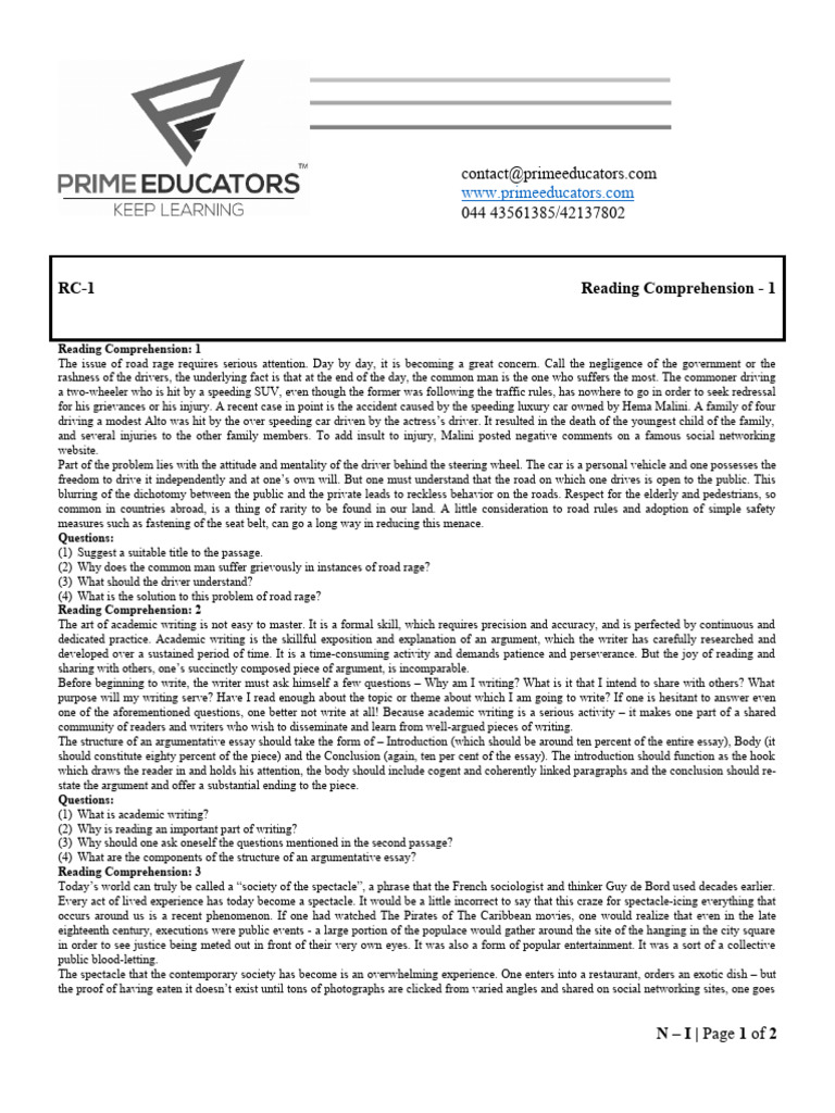 Rc 1 Reading Comprehension 1 Pdf