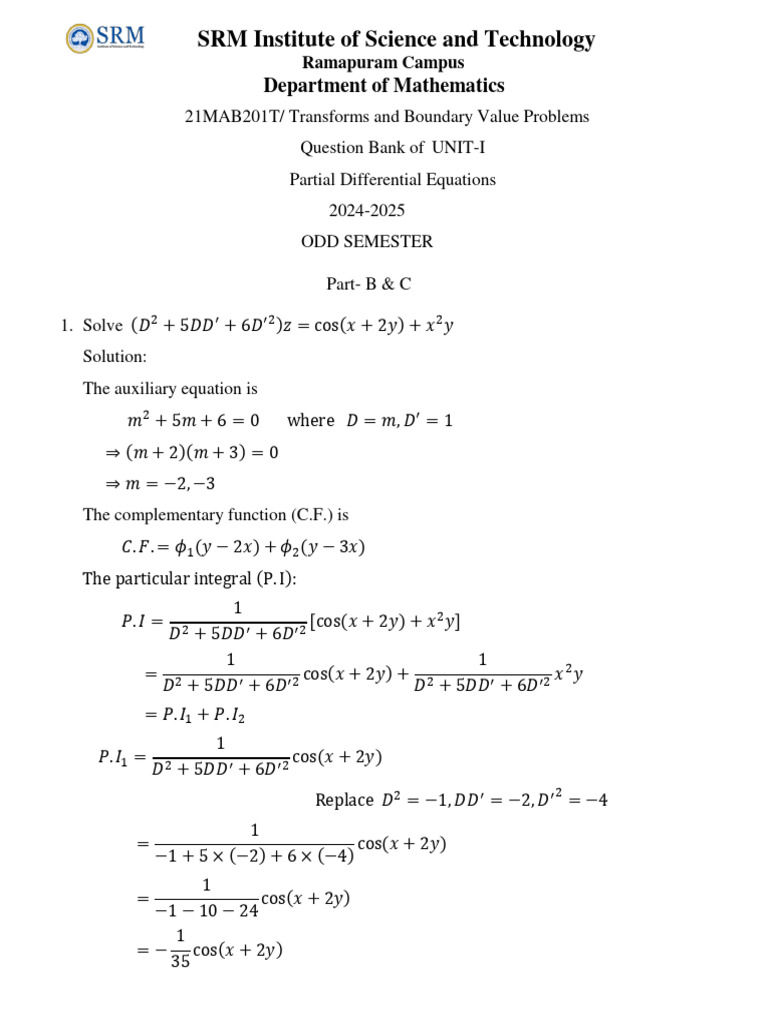 Partial Differential Equations Question Bank | PDF | Partial ...