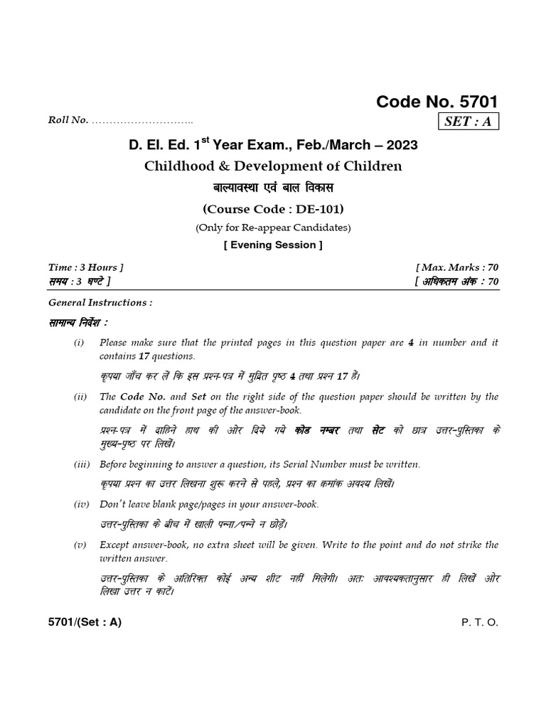 Deled 1 Year Childhood and Development of Children 5701 Set A Mar 2023 ...