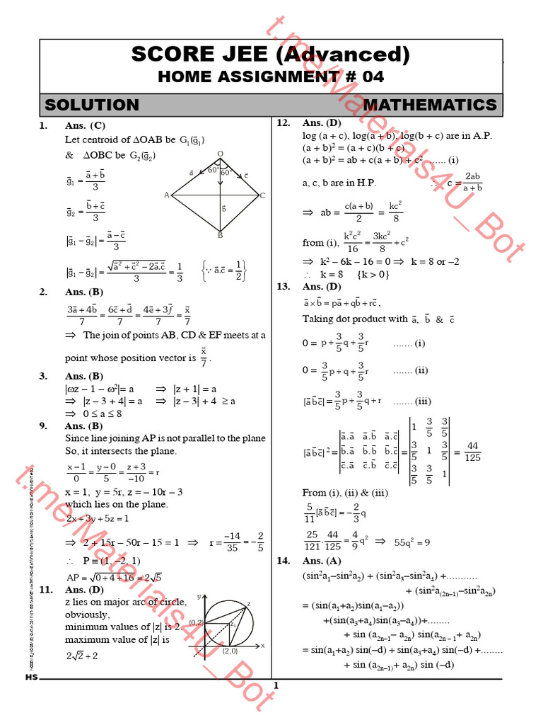 JEE Advanced Maths Assignment Solutions | PDF | Geometry | Euclidean ...