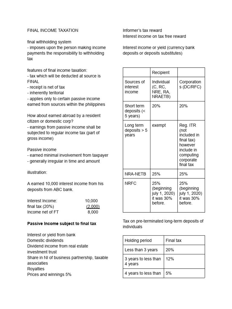 Final Income Taxation Overview in the Philippines | PDF | Taxes ...