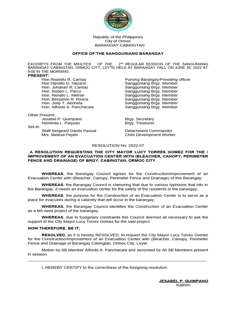 Resolution for Barangay Evacuation Center | PDF