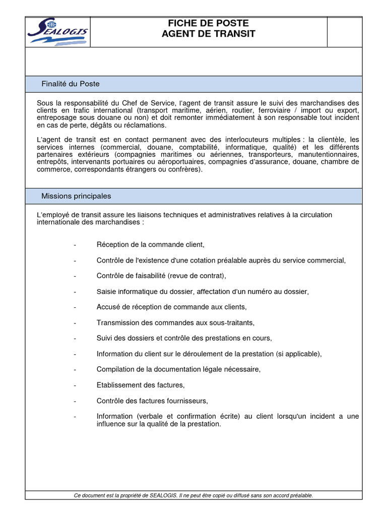 Fiche de Poste : Agent de Transit | PDF | Transport | Informatique